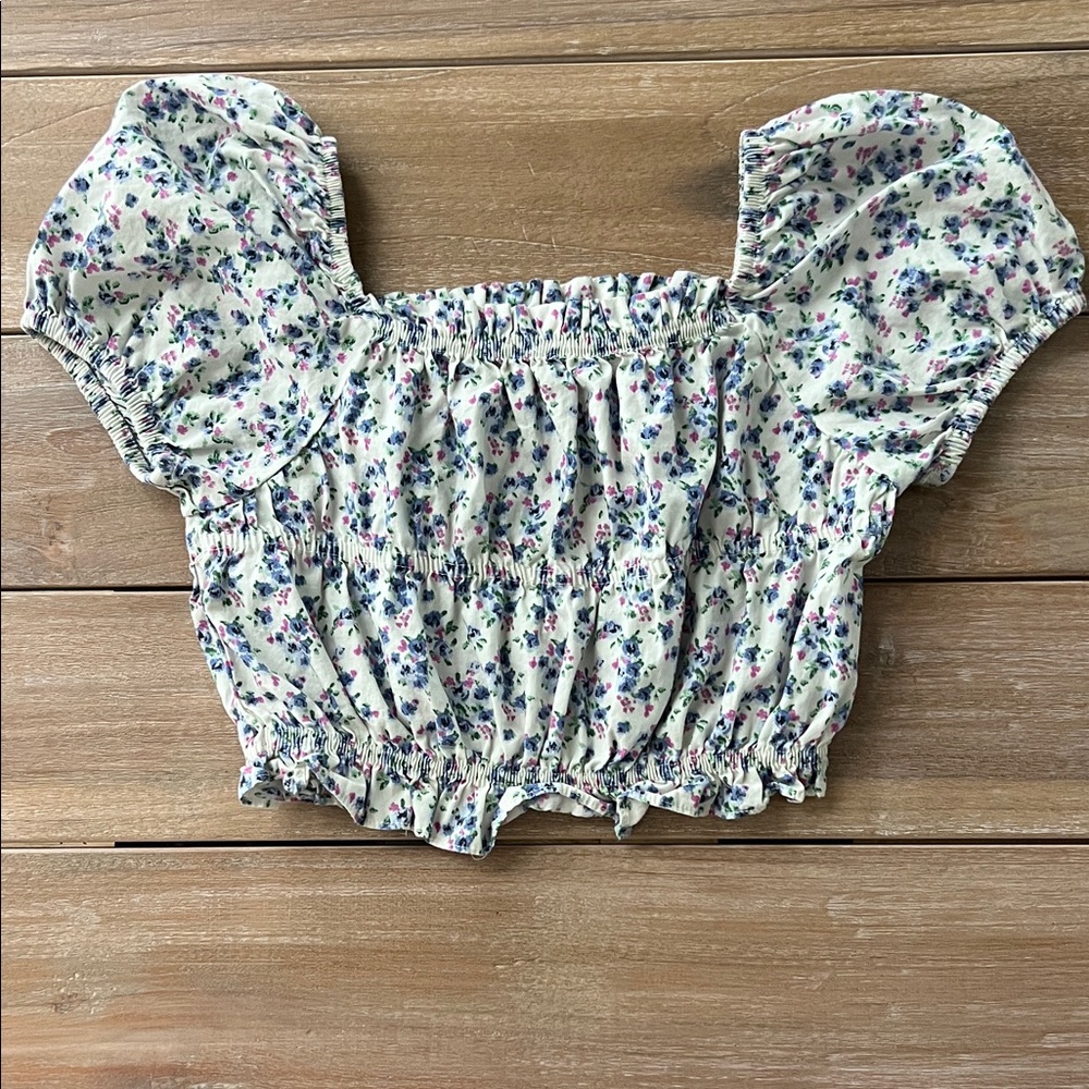 Zara Kids Floral Puff Sleeve Top - Cream and Blue